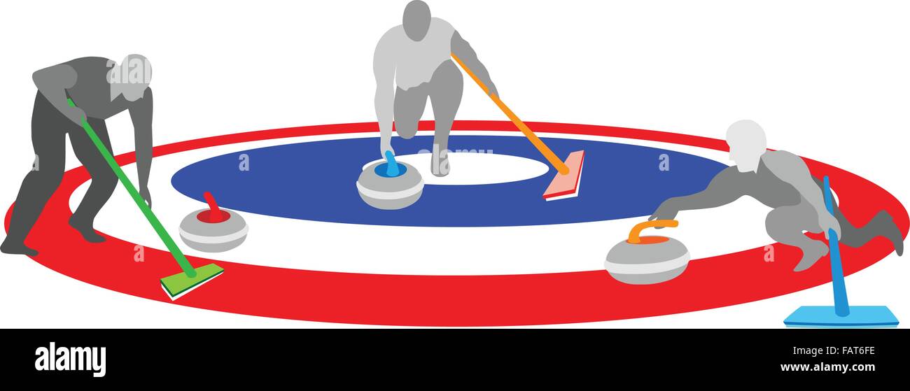 Sport d'hiver : Les athlètes de Curling Curling jeu sport par les roches et de balais dans la glace de bagues, bleu blanc et rouge isolé sur Illustration de Vecteur