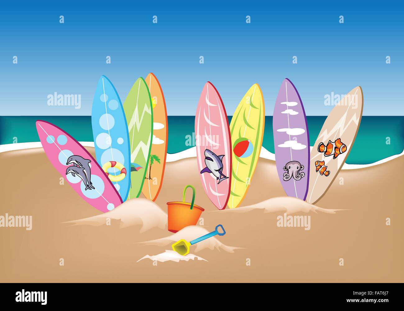 Une illustration Collection de planches avec godet de plage et la cosse sur une belle plage d'été Illustration de Vecteur