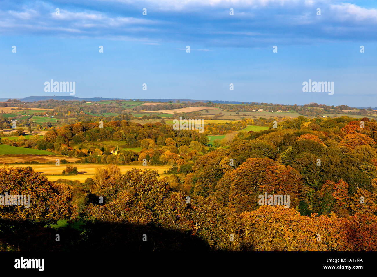 Compton Pauncefoot église entourée de bois d'automne depuis le sommet de la colline historique de Cadbury à Somerset, Angleterre, Royaume-Uni Banque D'Images