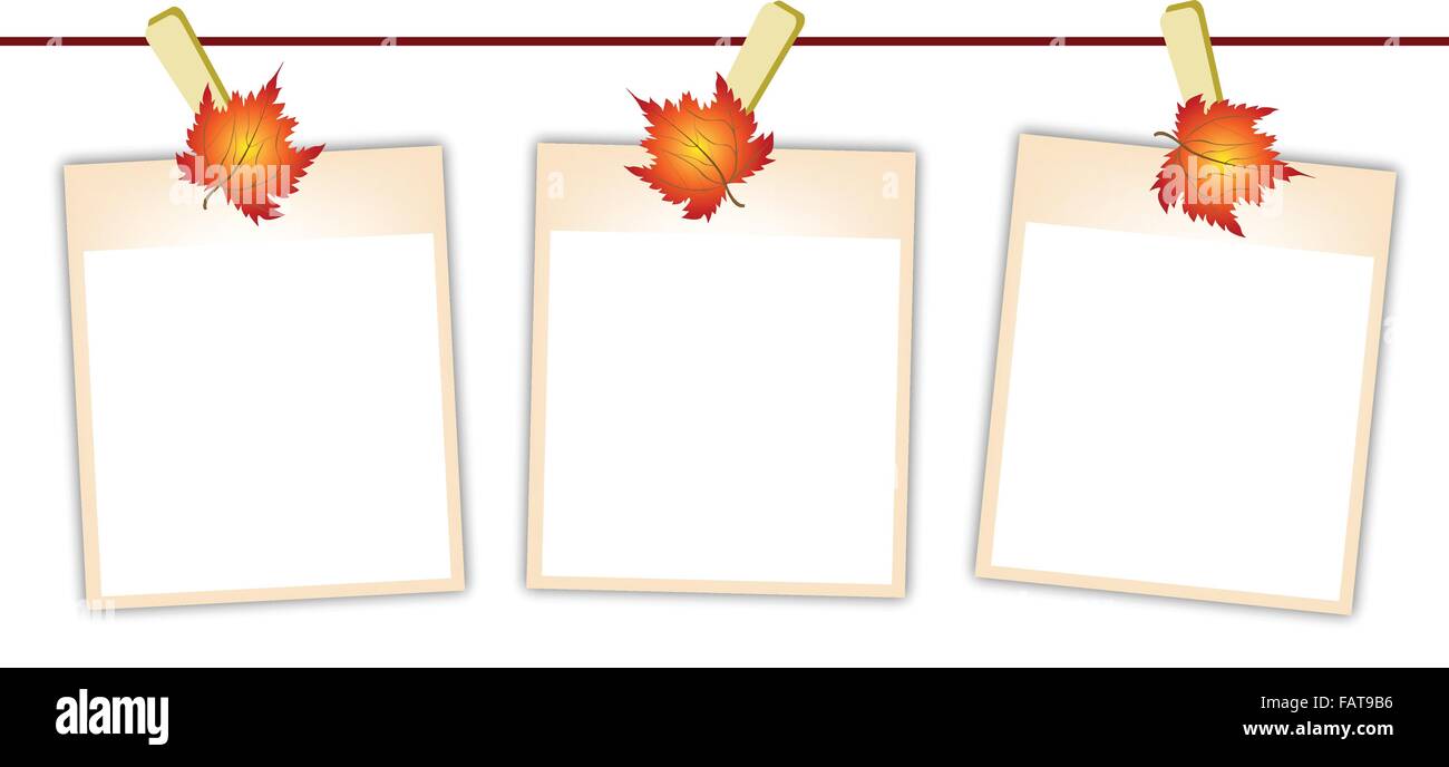Illustration de trois cases vides Instant Impression de photos ou images Polaroid Hanging sur feuille d'érable Des Clothespins, Isolated on A White Backg Illustration de Vecteur