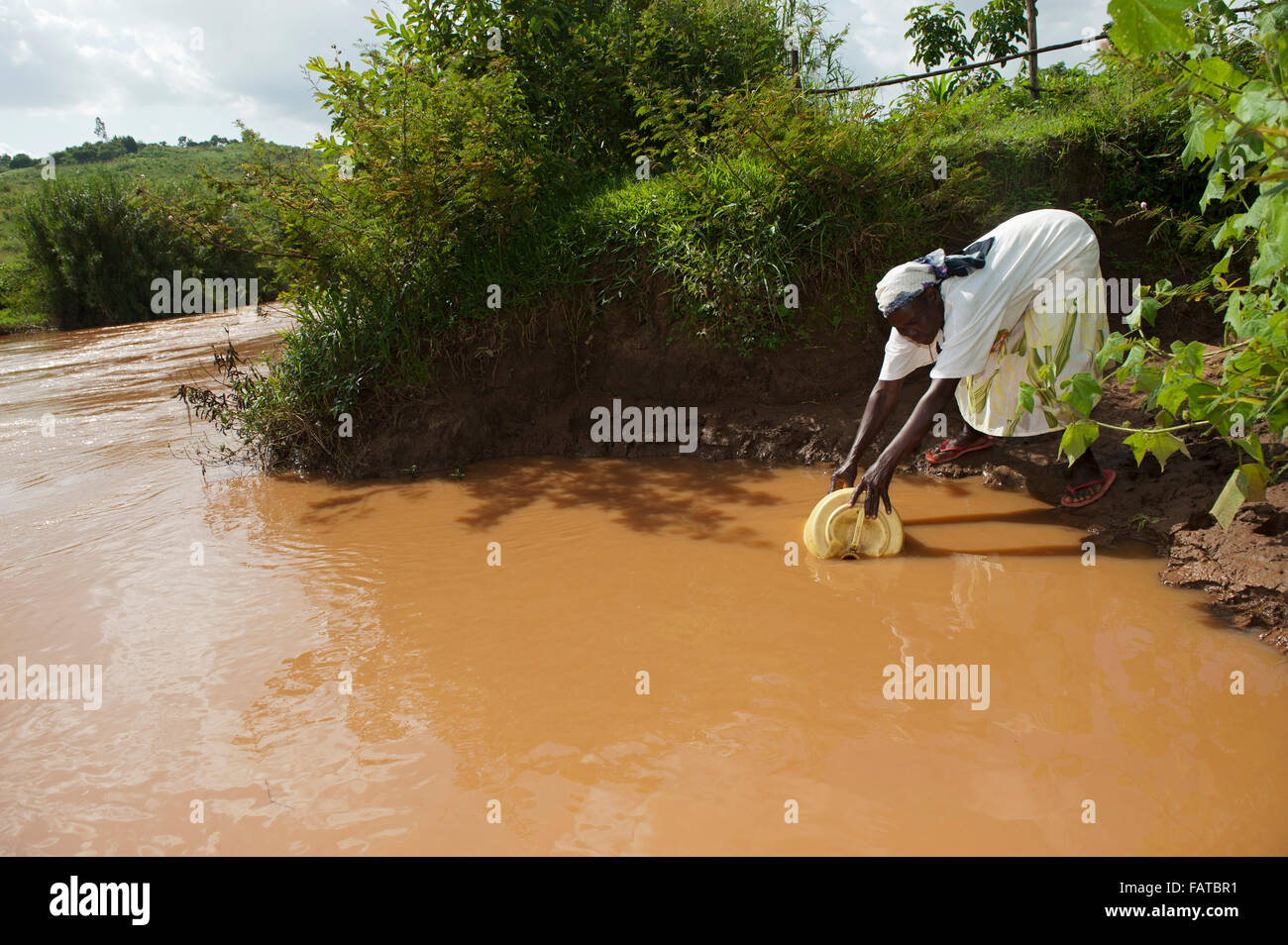 Femme obtenir de l'eau d'une rivière boueuse pour une utilisation comme eau de boisson. Au Kenya. Banque D'Images