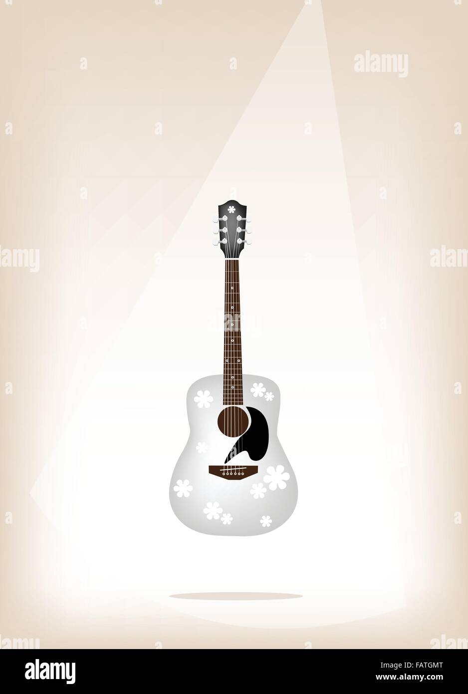Instrument de musique, une illustration d'une belle guitare blanche avec motif de fleurs sur fond marron vintage avec l'étape copie Sp Illustration de Vecteur