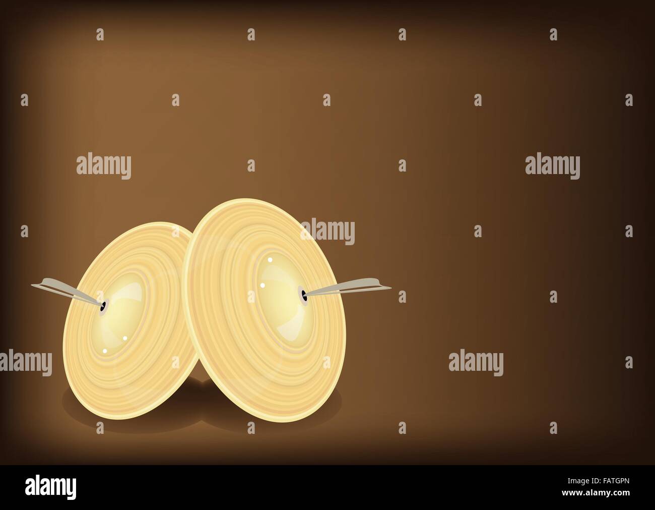 Instrument de musique, une illustration de style rétro ou cymbale Dark Wood sur fond marron foncé Vintage belle copie avec S Illustration de Vecteur