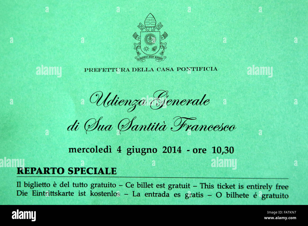 Billet pour une audience générale avec le Pape François lieu chaque semaine le mercredi à St Peters Square Banque D'Images