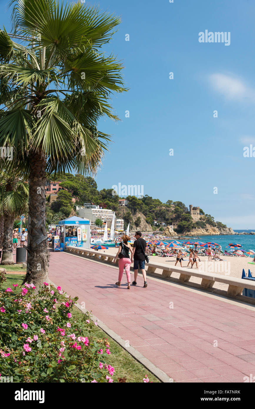 Plage et de la promenade vue, Platja de Lloret, Lloret de Mar, Costa Brava, province de Gérone, Catalogne, Espagne Banque D'Images