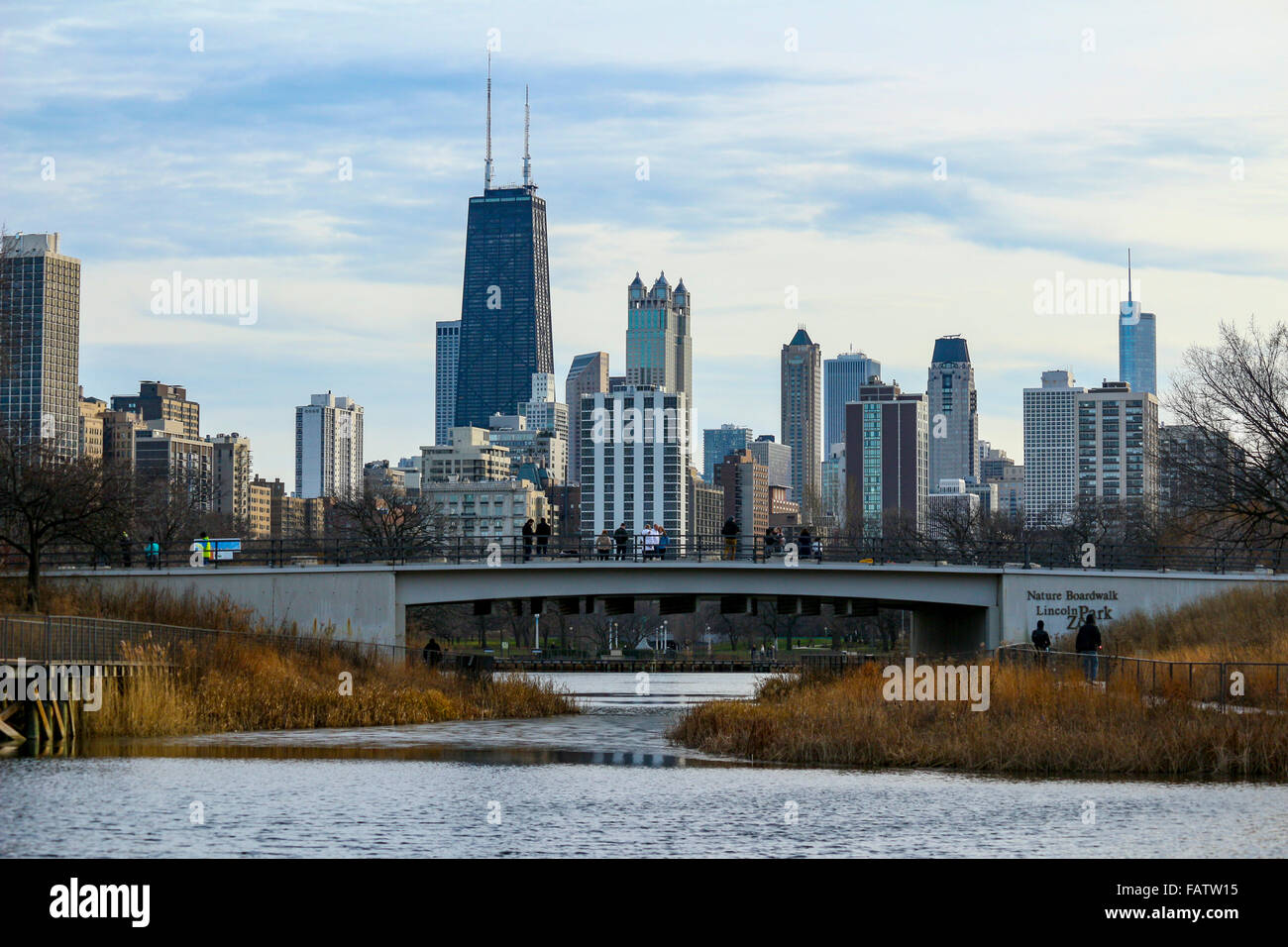 Espace Nature Lincoln Park et le centre-ville de Chicago. Banque D'Images