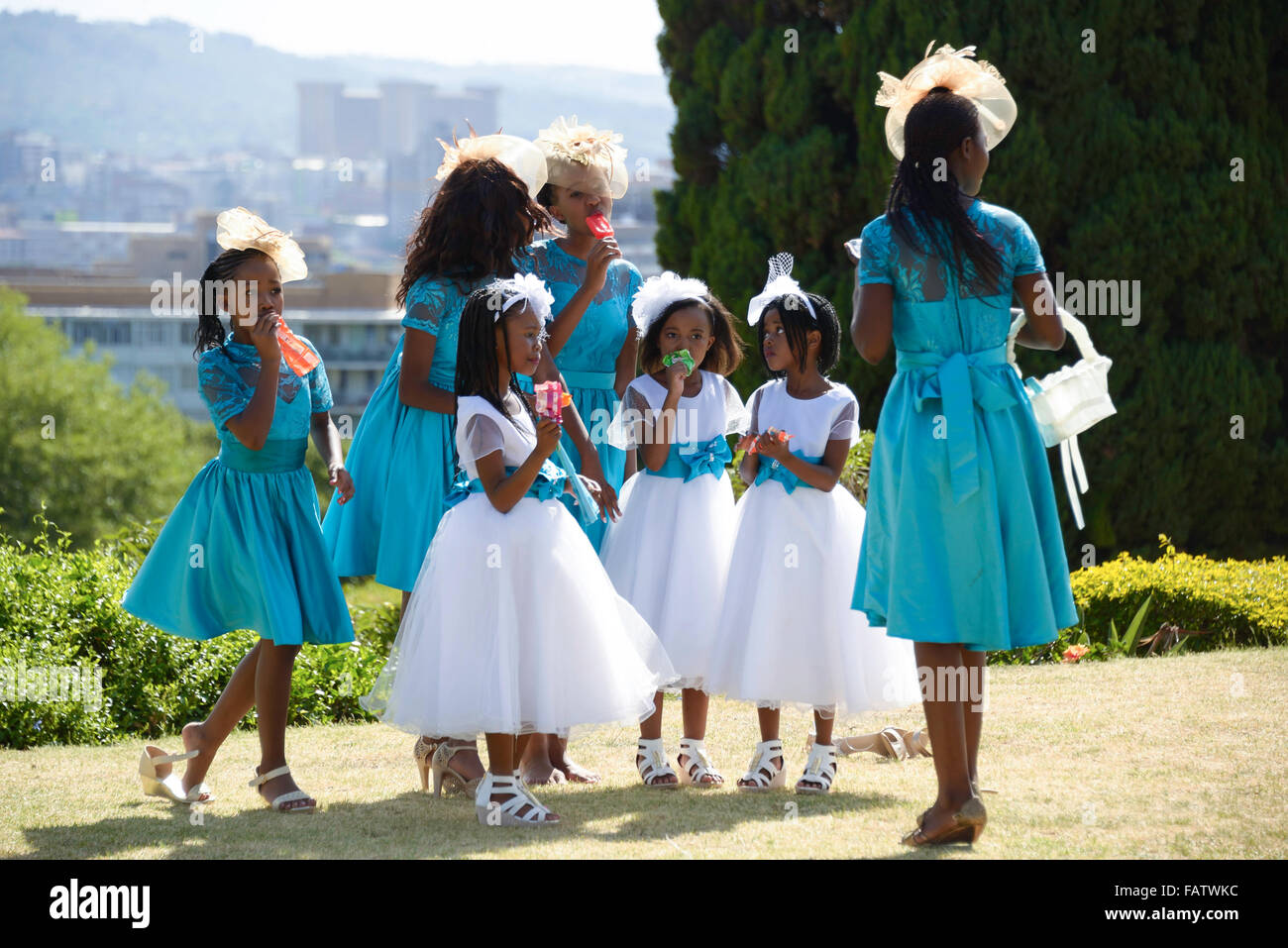 Mariage groupe dans des jardins, Meintjieskop, Pretoria, Ville de la municipalité de Tshwane, la Province de Gauteng, Afrique du Sud Banque D'Images