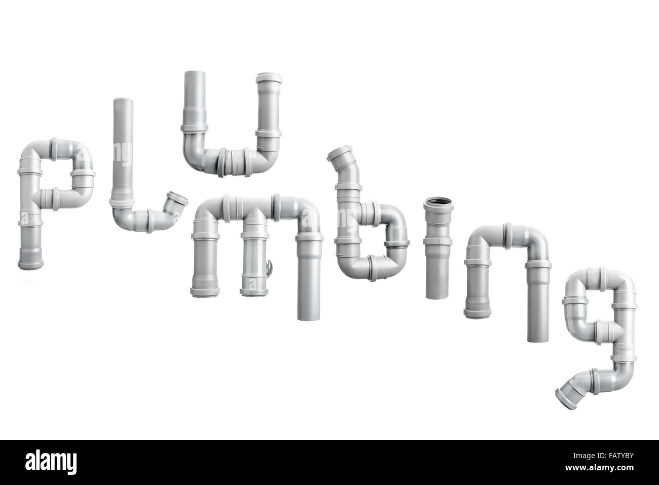 Mot de plomberie organisé à partir de différents éléments de tuyauterie PVC shot on white Banque D'Images