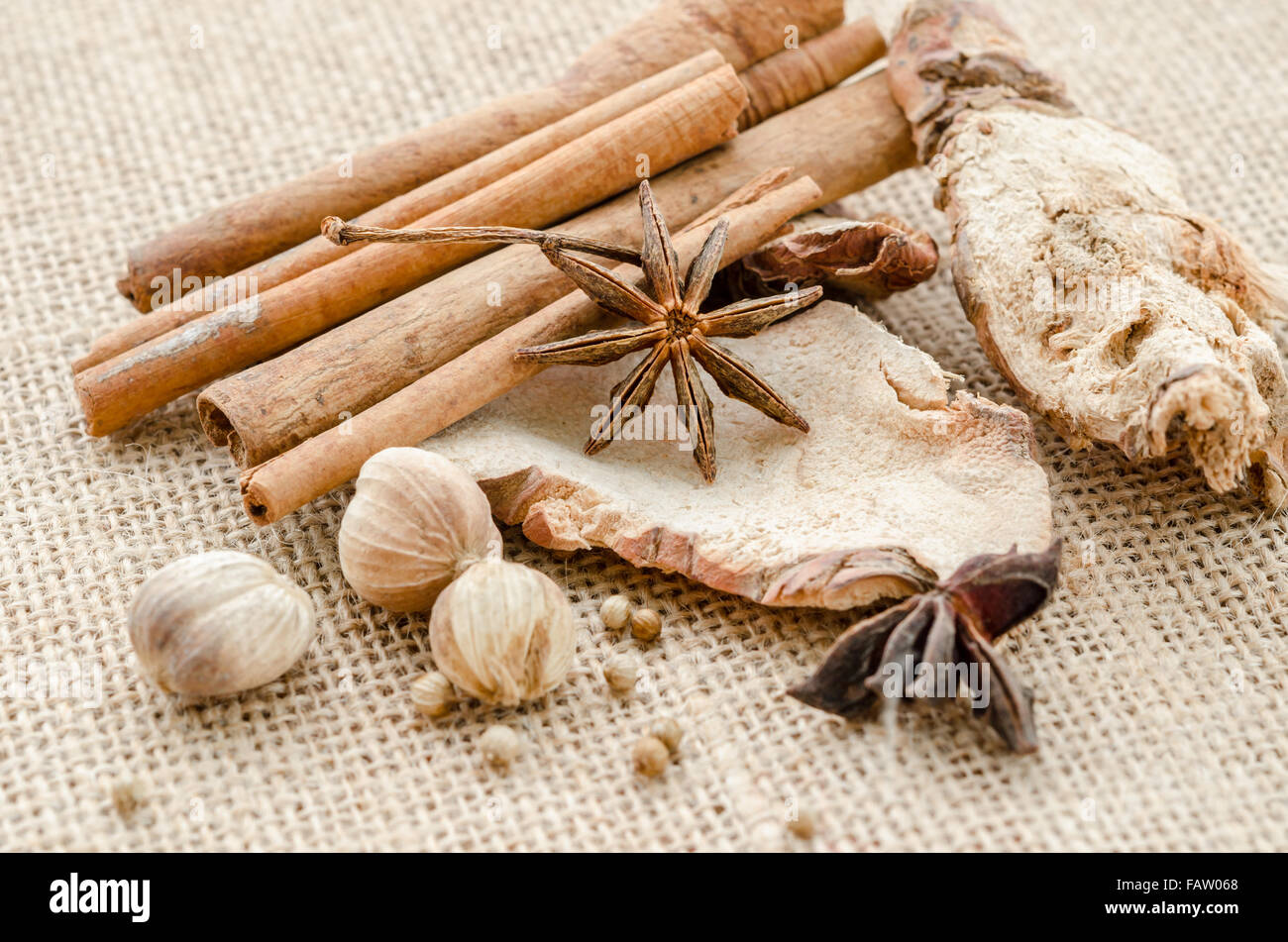L'anis, la cardamome, muscade et cannelle sur un fond blanc. Les épices. Banque D'Images