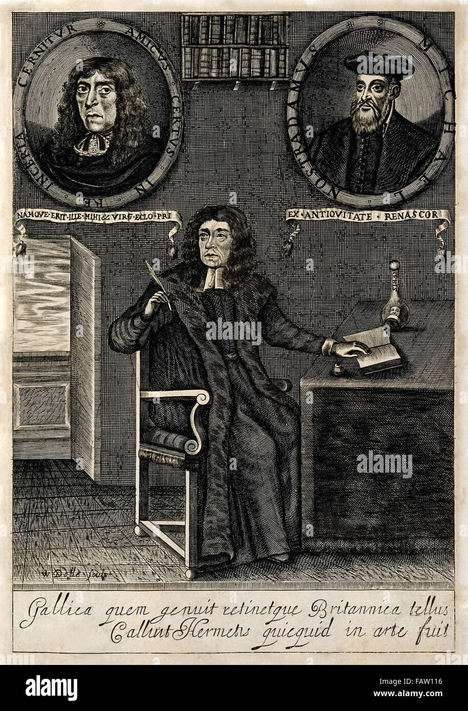 Frontispice de la première traduction anglaise des prophéties de Michel Nostradamus (1503-1566), avec les illustrations du traducteur Théophile de Garencières (1610-1680) (en bas et en haut à gauche) et Nostradamus (en haut à droite). Voir la description pour plus d'informations. Banque D'Images