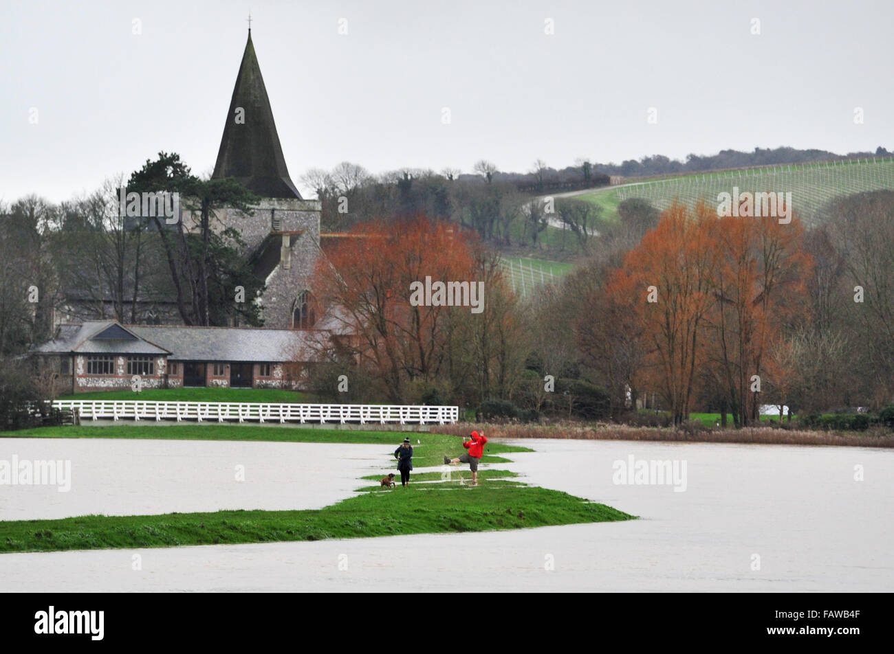 Alfriston, Sussex, UK. 5 janvier, 2016. Les promeneurs de chiens sur une banque étroite entre l'inondation à Alfriston East Sussex où la rivière Cuckmere a éclaté ses rives . Les prévisions météo sont de fortes pluies à effectuer lors d'une baisse au cours des 12 heures dans la région causer plus de problèmes Crédit : Simon Dack/Alamy Live News Banque D'Images