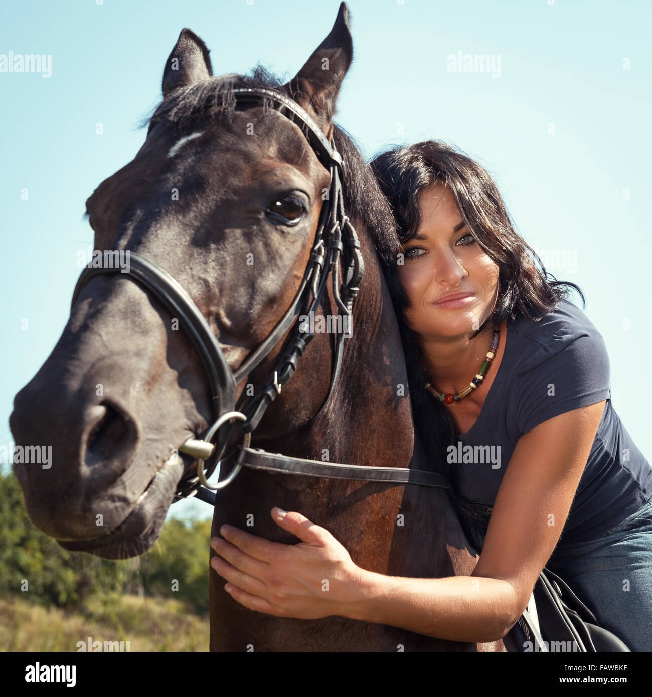 Portrait de belle jeune femme brune sur un cheval Banque D'Images