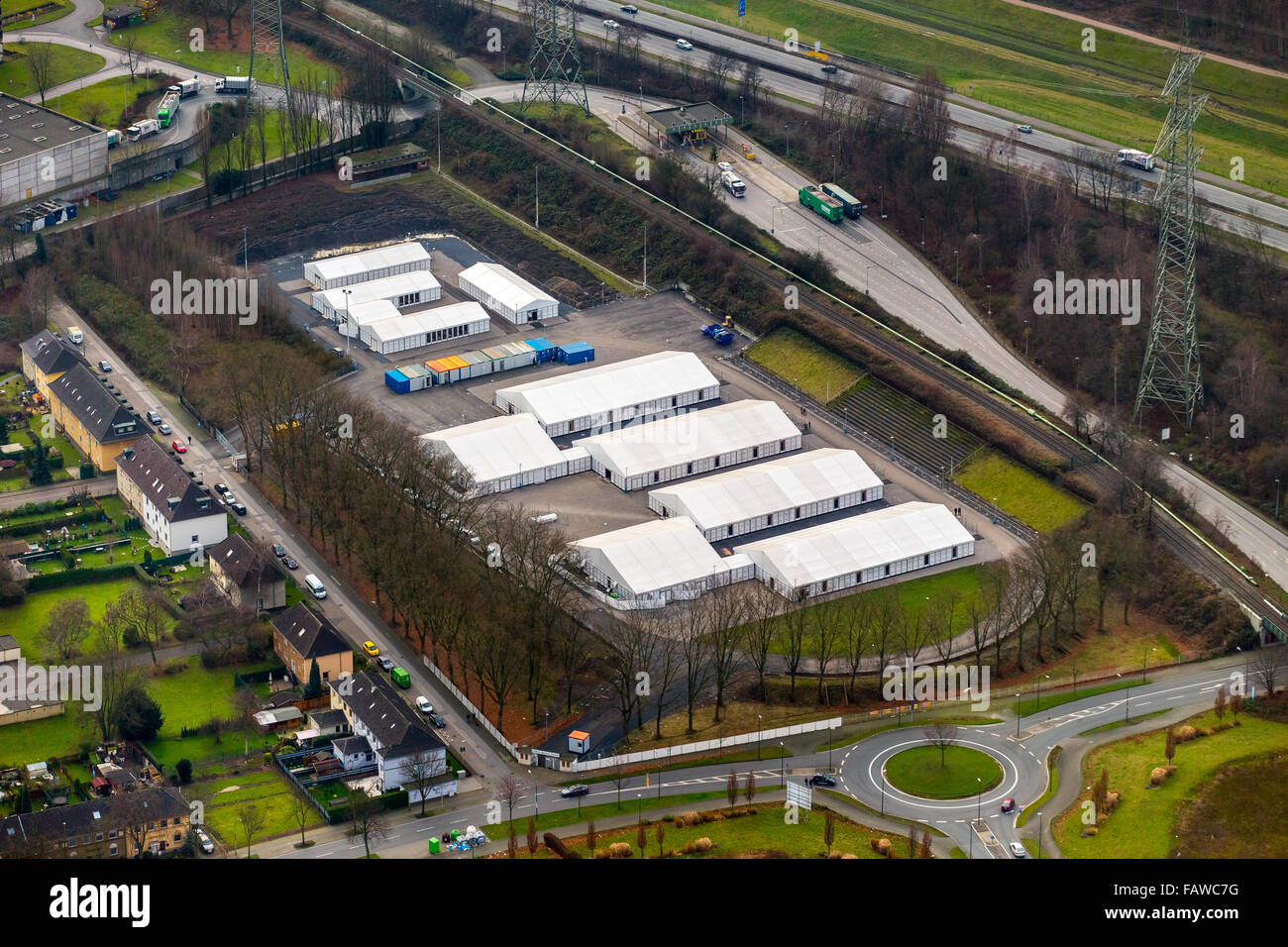 L'hébergement des réfugiés Karnap sur power plant Karnap, tentes de réfugiés, crise des réfugiés, Essen, Ruhr, Rhénanie du Nord-Westphalie, Banque D'Images