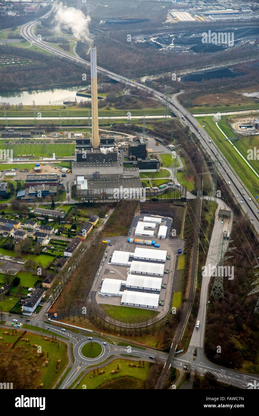 L'hébergement des réfugiés Karnap sur power plant Karnap, tentes de réfugiés, crise des réfugiés, Essen, Ruhr, Rhénanie du Nord-Westphalie, Banque D'Images