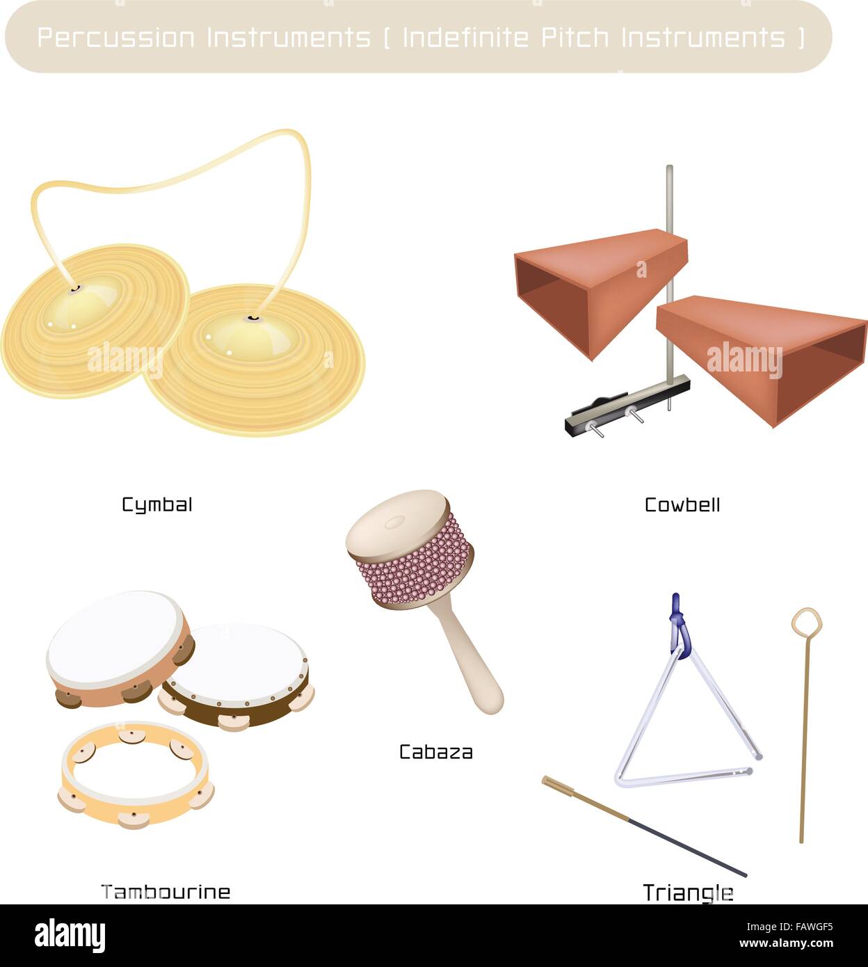 Illustration couleur marron Vintage Collection d'instruments de musique à pas indéfinie, cymbale, cloche, tambourin, encore de Triang Illustration de Vecteur