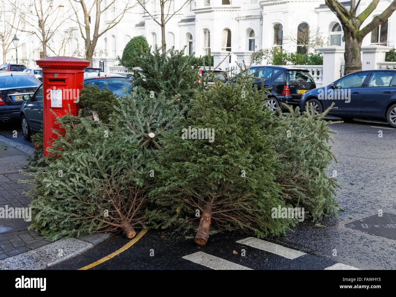 Arbres de Noël à gauche dans la rue, Londres Angleterre Royaume-Uni UK Banque D'Images