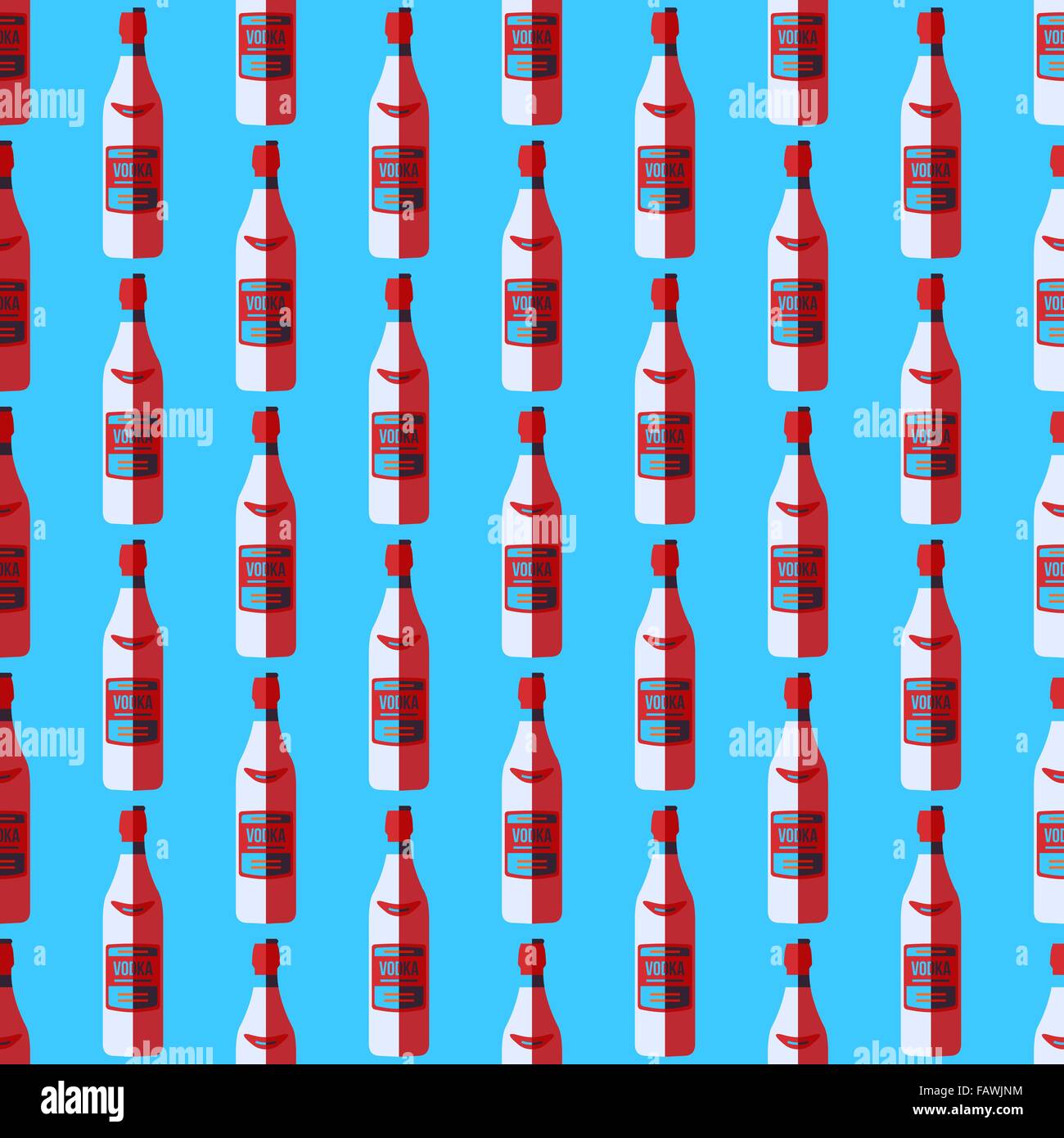 Style pop art coloré vecteur rouge blanc bouteille de vodka motif transparent sur fond bleu Illustration de Vecteur