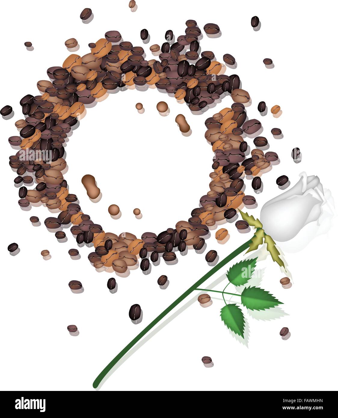 L'heure du café, Vue de haut Angel taches de café fait à partir du café torréfié Bean avec une belle rose servi comme boisson avec Crea Illustration de Vecteur