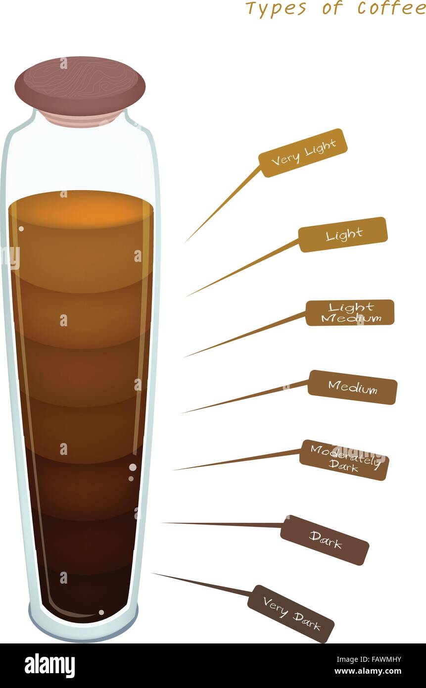 Sept couleurs de café verre dans un grand pot du verre, très léger, léger, léger moyen, moyen, modérément Dark, Dark et très sombre Illustration de Vecteur