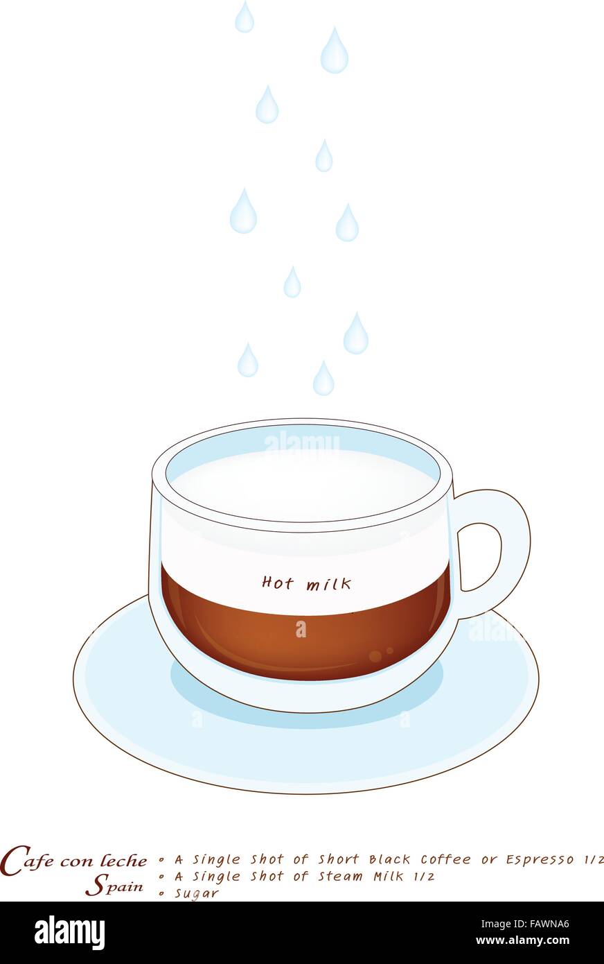 Cafe con leche dans une tasse en verre isolé sur un fond blanc, café con leche est un café espagnol signifie boire du café noir avec Illustration de Vecteur