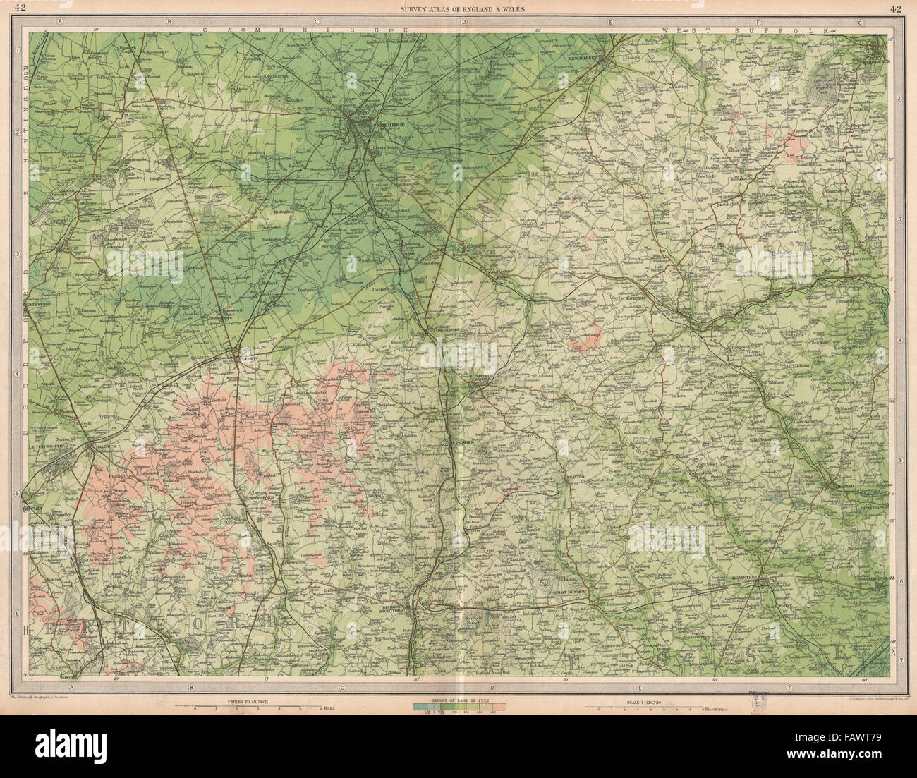 EAST ANGLIA : Cambridge Bury St Edmunds Braintree Saffron Walden. Grande carte, 1939 Banque D'Images