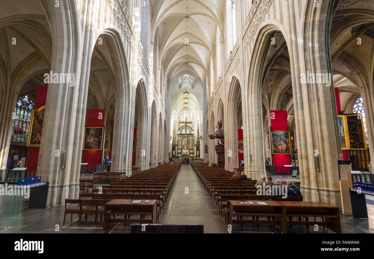 Nef à bancs de la cathédrale de Notre Dame (Onze-Lieve-Vrouwekathedraal) à Anvers, la plus grande église gothique en Belgique. Banque D'Images