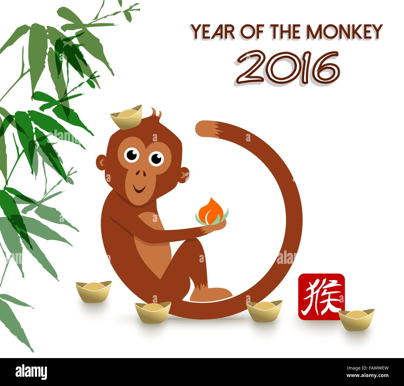 2016 Joyeux Nouvel An chinois du singe. Cute cartoon ape fun illustration avec peach et des lingots comme chapeau. Vecteur EPS10. Illustration de Vecteur