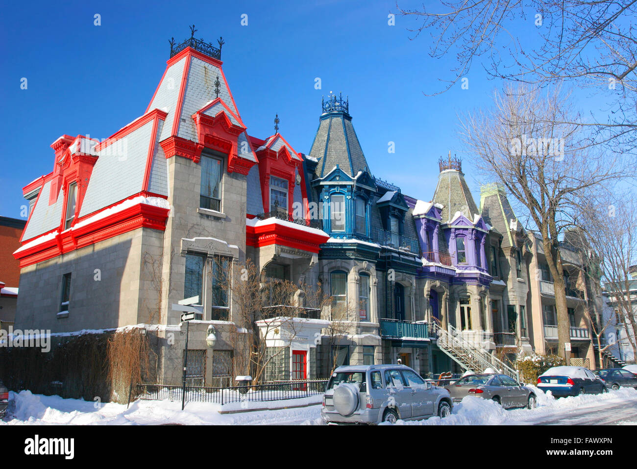 Maisons victoriennes dans Square Saint Louis en hiver, Montréal Banque D'Images
