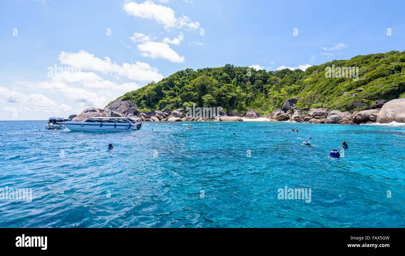 Les touristes jouissent de la plongée avec tuba sur la mer bleue et le ciel au cours de l'été au Ko Ba Ngu Île dans le Parc National de Mu Ko Similan, Phang Nga Banque D'Images