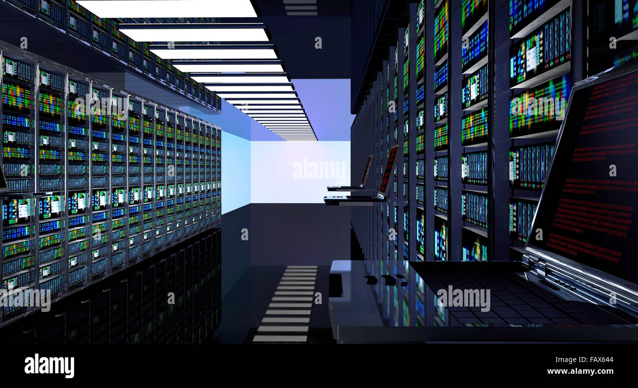 Dans terminal monitor server avec des racks de serveurs dans l'intérieur du datacenter Banque D'Images