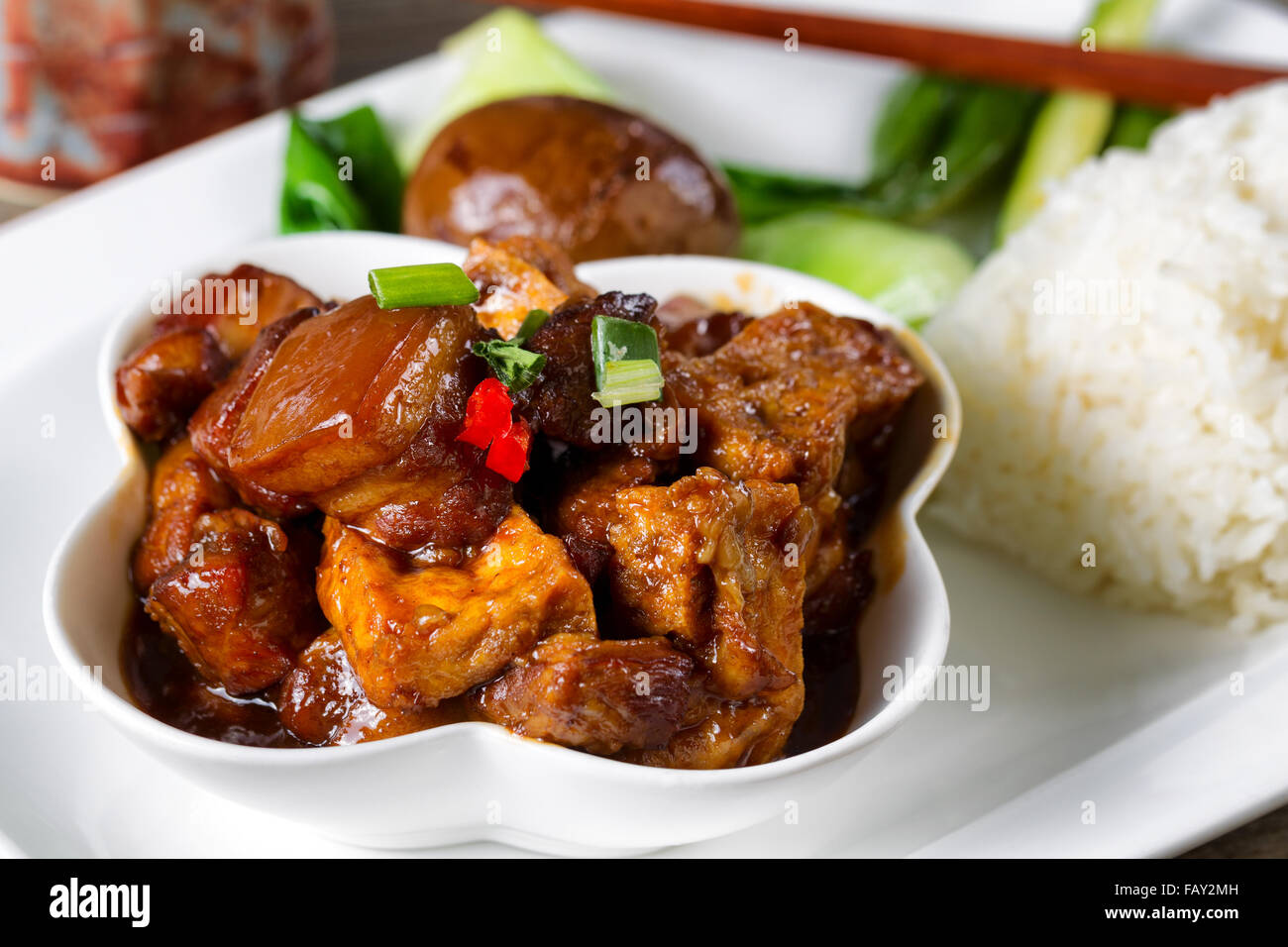 Gros plan d'une vue de face d'un plat chinois avec le tofu et les tranches de viande, la sauce de soja, de riz, d'œufs, de garnitures, de bok choy et de baguettes. Banque D'Images