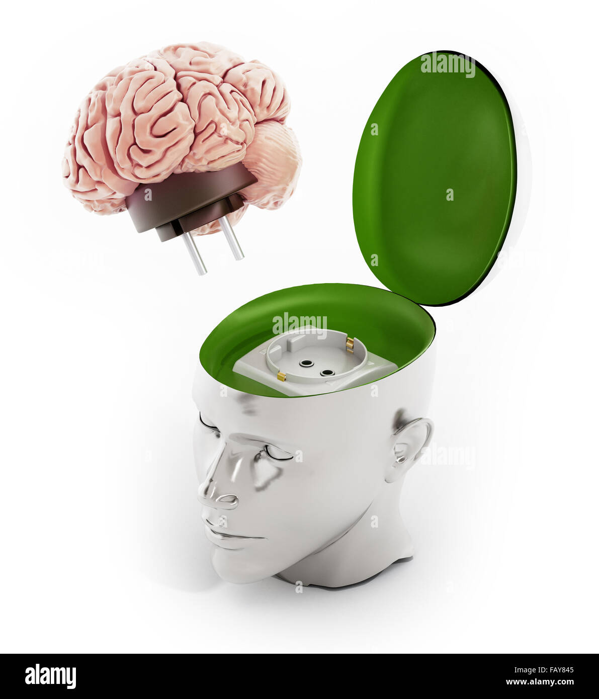 Avec l'électricité du cerveau prise connectée à la tête humaine. Banque D'Images