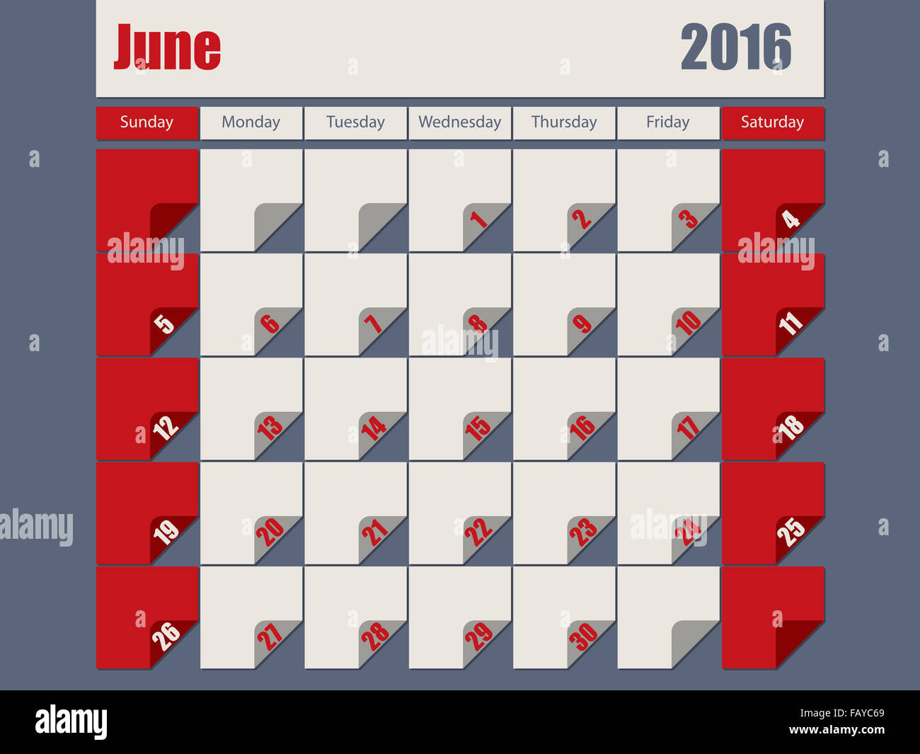 Calendrier 2016 de couleur gris rouge design pour le mois de juin Banque D'Images