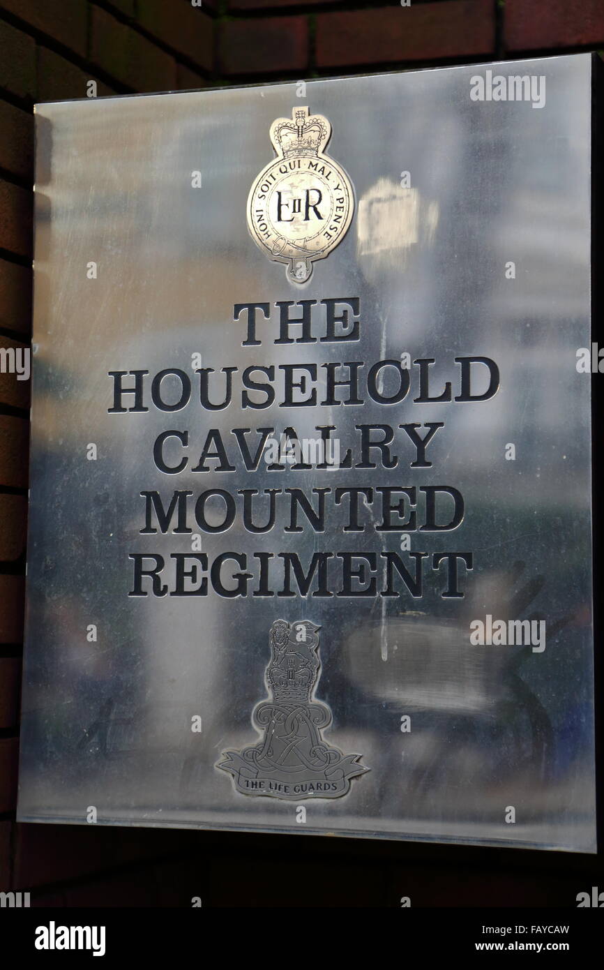 Plaque d'argent de la Household Cavalry régiment monté à Hyde à Hyde Park Barracks à Londres, Royaume-Uni Banque D'Images