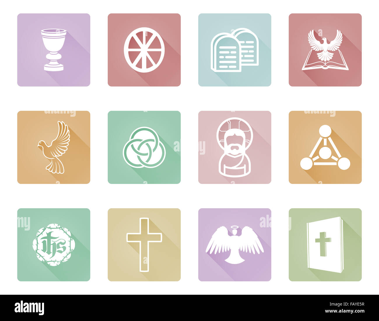 Un ensemble d'icônes et symboles religieux chrétiens y compris l'Ange, Jésus Christ, croix, et colombe blanche Banque D'Images