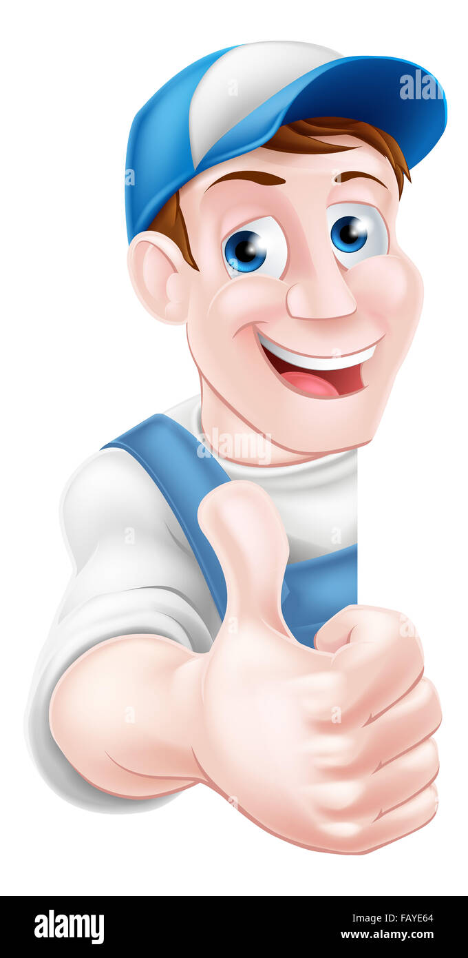 Thumbs up cartoon mécanicien, plombier, jardinier, bricoleur ou décorateur Banque D'Images