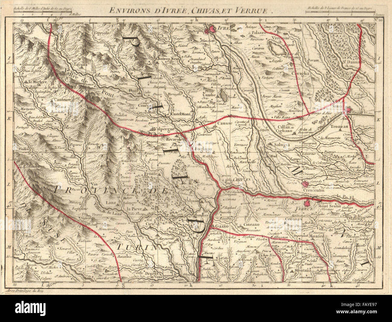 PIEMONTE/piémont Turin/Torino-Ivrea.Chivasso Verrua Savoia. D'Anville, 1754 map Banque D'Images