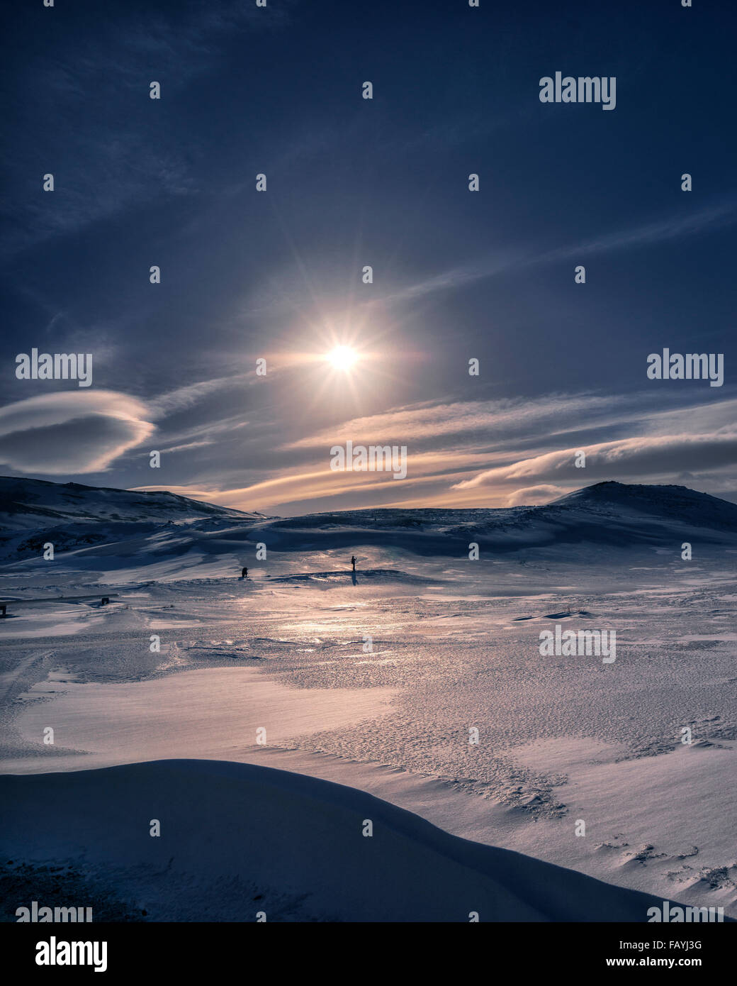 Paysage de neige par zone géothermique, Namaskard, Islande Banque D'Images