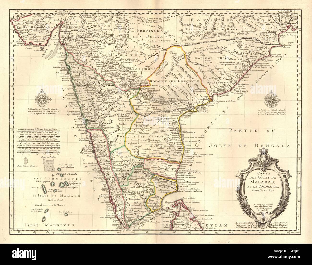'Carte des Côtes de Malabar et de Coromandel". L'Inde du Sud. DE L'ISLE, 1723 map Banque D'Images