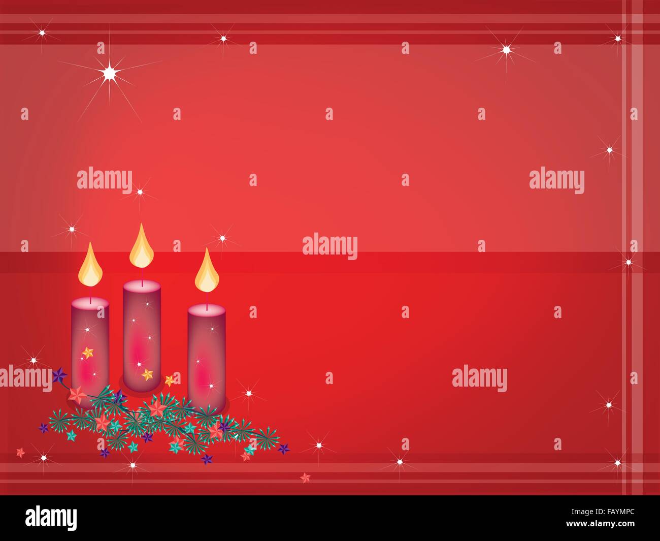 Bougies de Noël décorées sur des branches d'arbre de Noël et des boules de Noël ou les boules de Noël sur fond abstrait rouge wit Illustration de Vecteur