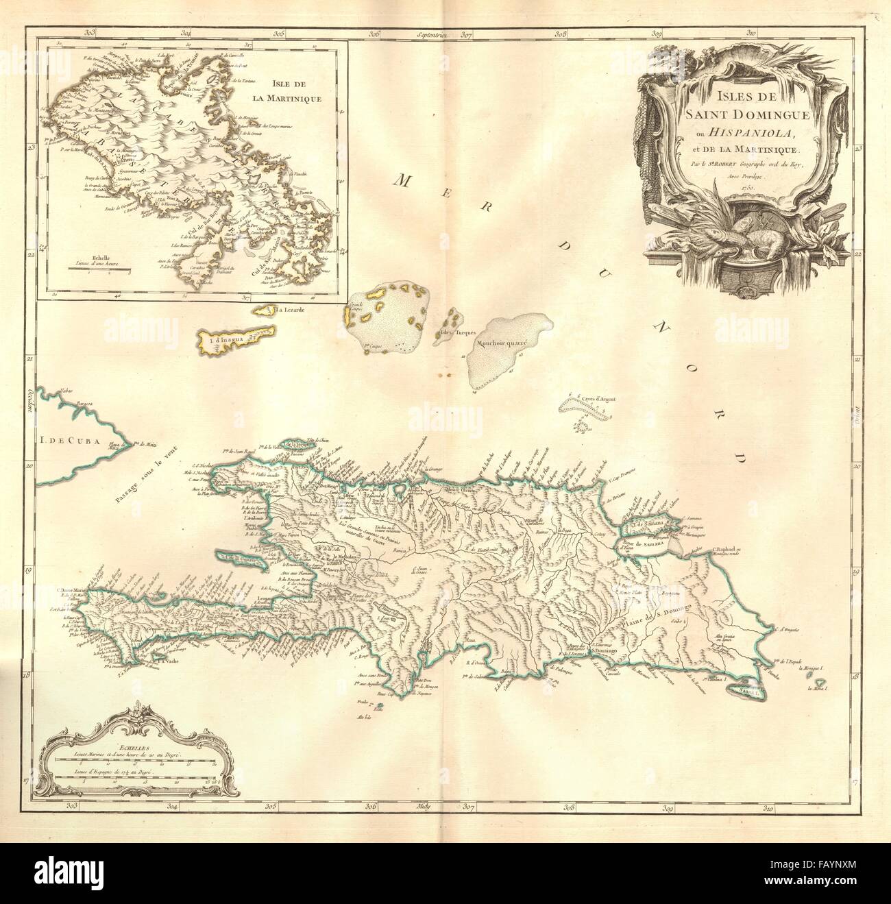 'Saint Domingue ou Hispaniola et...la Martinique". Santo Domingo. Globe VAUGONDY 1750 map Banque D'Images