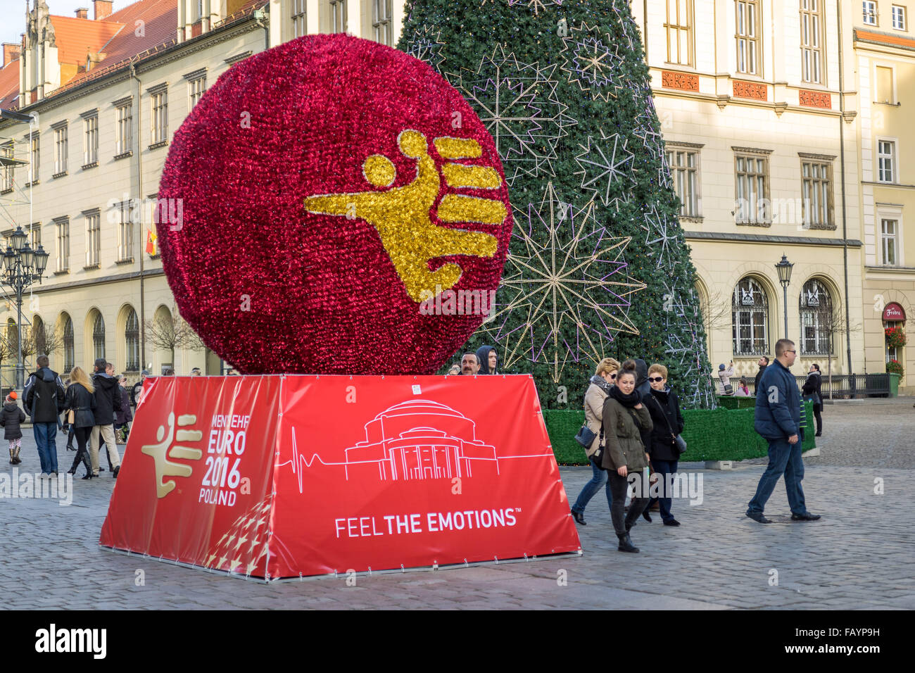 Décoration pour le championnat d'Europe de handball 2016 Wroclaw Old Market Banque D'Images