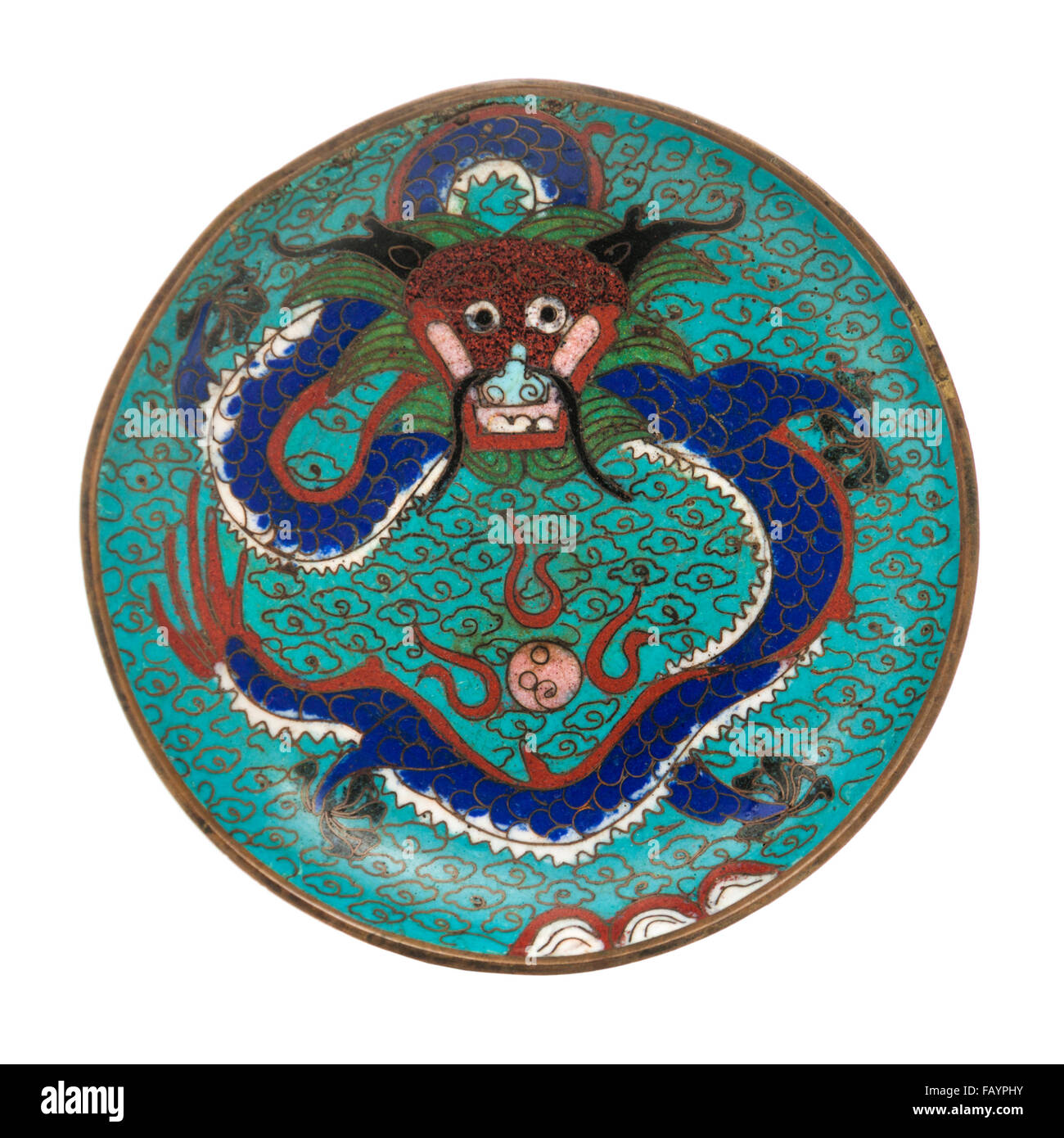 Meubles anciens chinois du 19e siècle plaque émaillée cloisonné avec le dragon chinois Banque D'Images