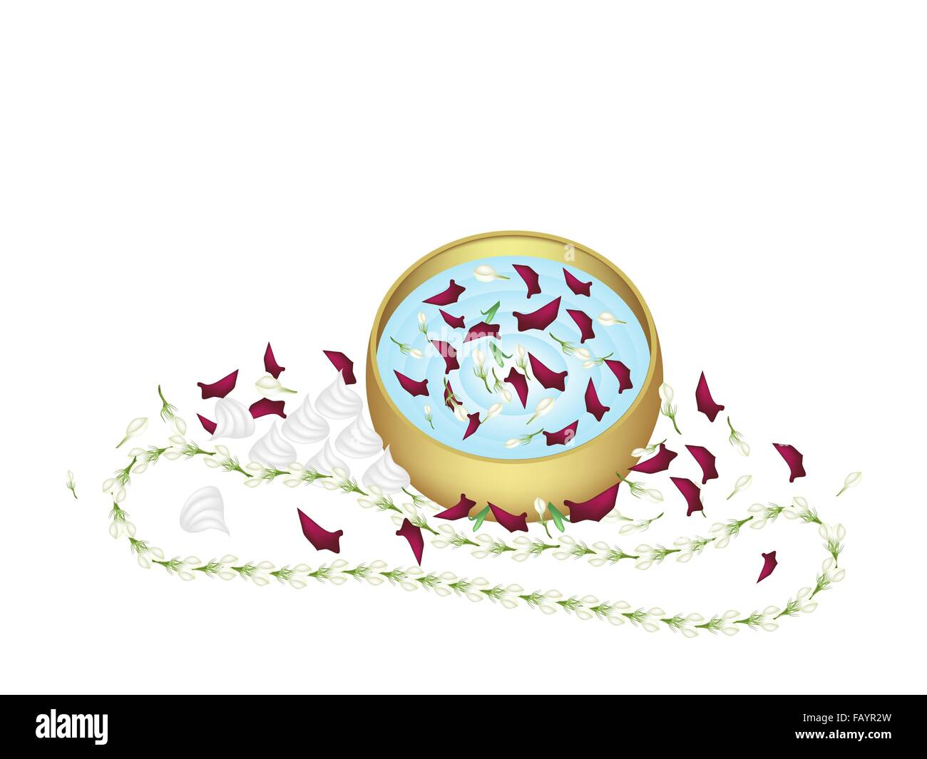 Songkran Festival, Vector Illustration of White Jasmine Garland et préparé avec de l'eau douce de la craie dans un bol d'or dans la Tradition Banque D'Images