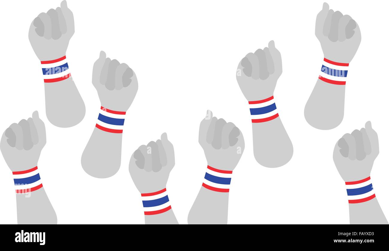 Les gens poing serré soulevé en l'air avec Red, White and Blue Stripe de Thaïlande Bracelet Drapeau symbole de nouveau pour Democraycy Illustration de Vecteur