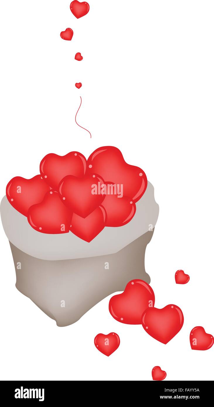 L'heure du café, une illustration d'un seau de beaux coeurs rouges dans un sac en toile isolé sur fond blanc Illustration de Vecteur