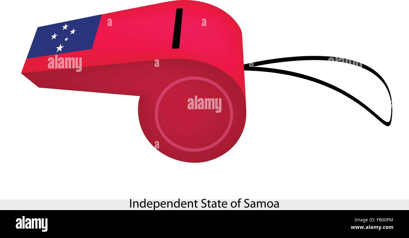 Une illustration de livre blanc Cinq Étoiles sur rectangle bleu bandes dans un champ rouge de l'État indépendant du Samoa drapeau sur un sifflet, Illustration de Vecteur