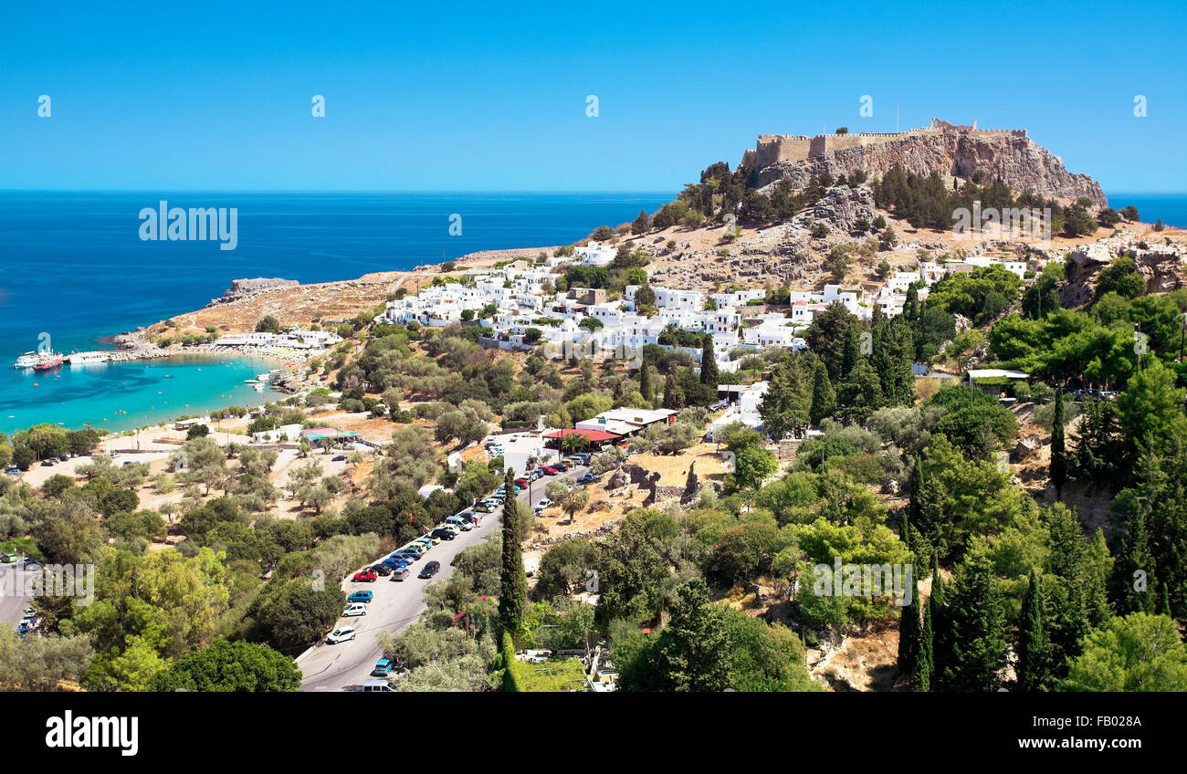 Et l'Acropole de Lindos, Rhodes, l'île du Dodécanèse grec Banque D'Images