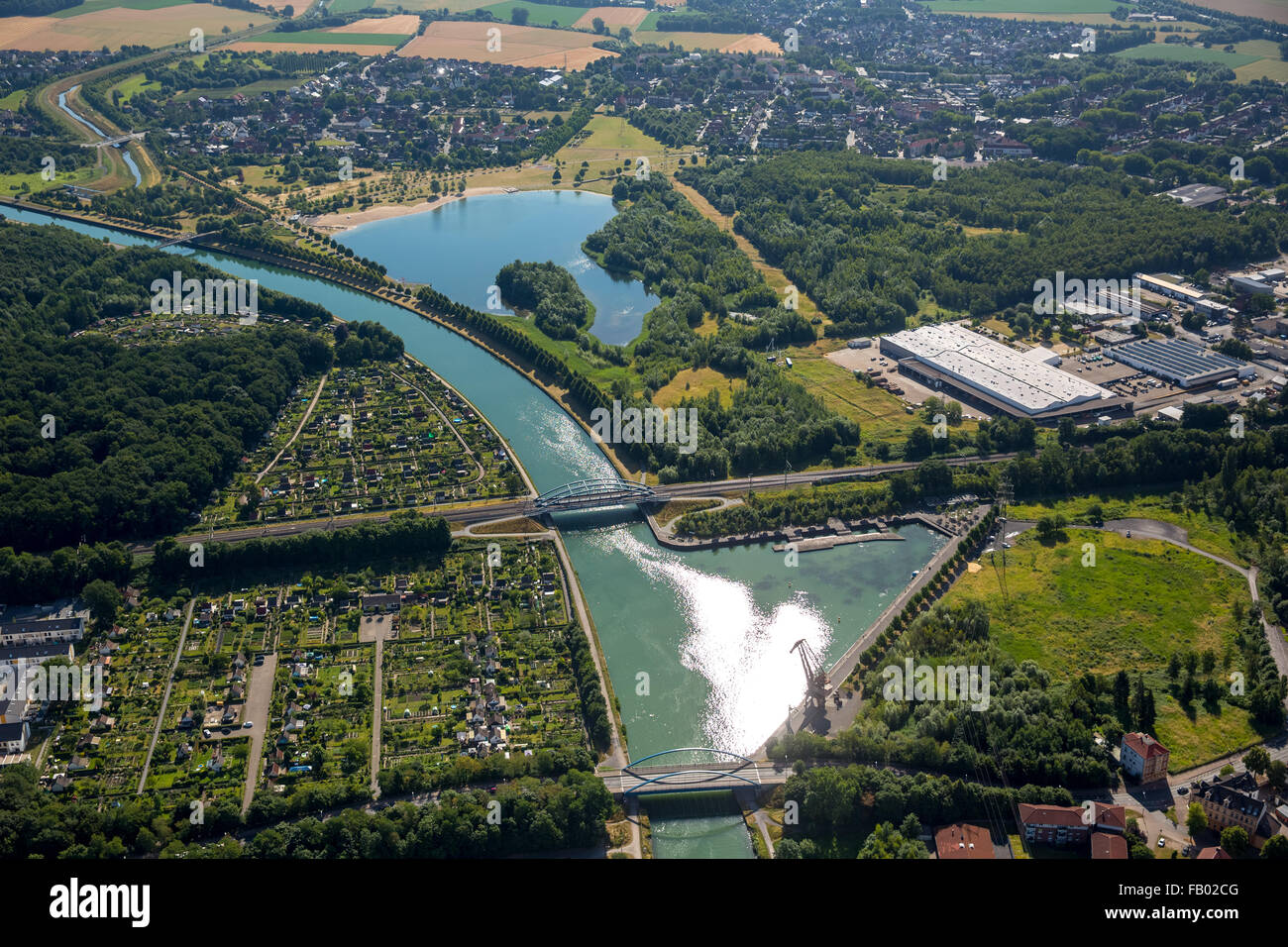 Vue aérienne, marine park Luenen avec canal et port de Prusse, de Canal Datteln-Hamm, Luenen, Ruhr, Rhénanie du Nord-Westphalie, Banque D'Images