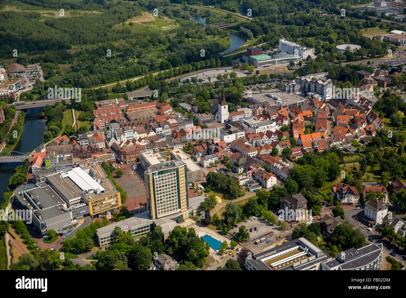 Vue aérienne, surplombant le centre de Lünen avec la reconstruction de la maison, Hertie, Ruhr, Luenen Banque D'Images